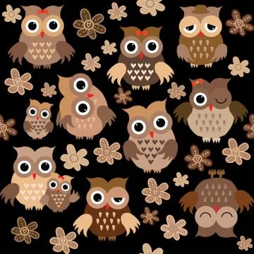 Cute owls seamless background Stock Illustration