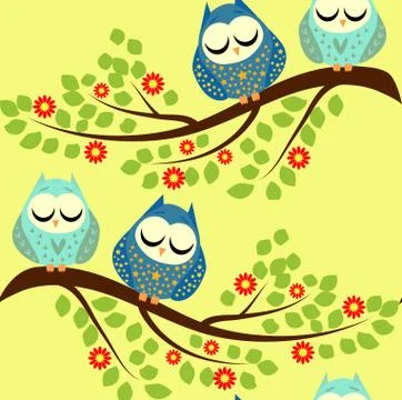 Cute owls seamless pattern. Funny forest background. Vector illustration Illustrazione stock