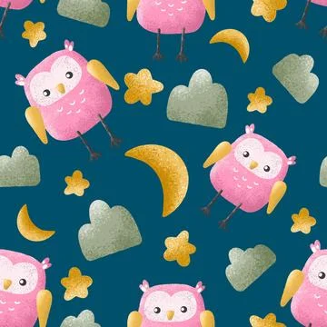 Cute owls seamless pattern, night sky vector background Stock Illustration