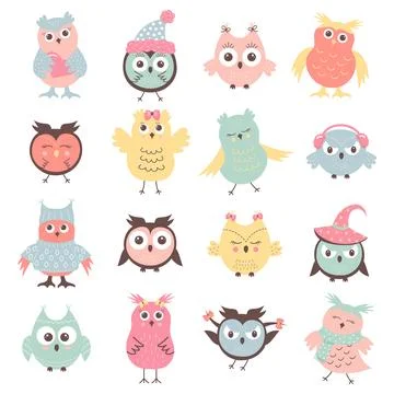 Cute owls set in different clothes and poses. Scandinavian boho cartoon cha.. Stock Illustration