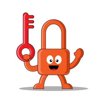 Cute Padlock Holding a Key. Suitable for mascot, illustration, logo, etc. Stock Illustration