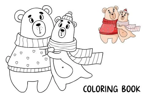 Cute pair bears in winter clothes. Vector illustration. Outline drawing for.. Ilustração Stock
