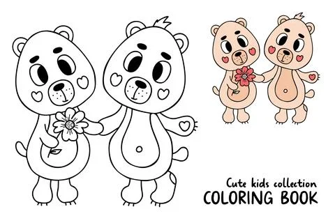 Cute pair enamored bears. Vector illustration. Outline and color drawingfor.. Ilustração Stock