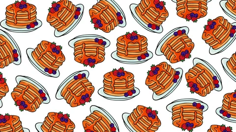 Cute Pancake Stack Seamless Pattern Background Cartoon Pancakes with Strawbe Stock Footage 347768151