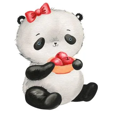 Cute panda with apples on isolated background. Watercolor Illustration. Teddy Stock Illustration