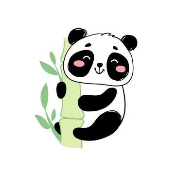 Cute panda on bamboo. Vector illustration in hand drawn style, funny animal Stock Illustration