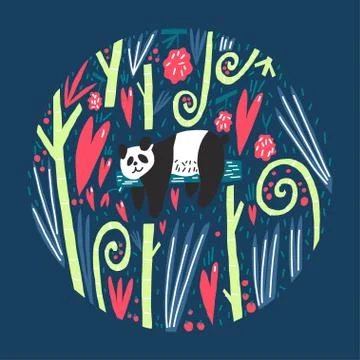 Cute panda bear laying on tree, branches leaves hearts and fruits composition Stock Illustration