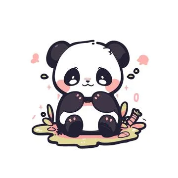 A cute panda bear with a pink face and black eyes sits on a leaf. Stock Illustration