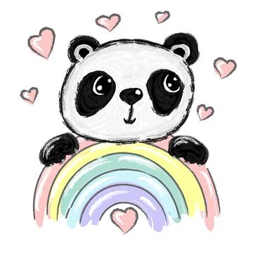 Cute Panda Bear with rainbow and hearts, vector illustration hand drawn panda Stock Illustration