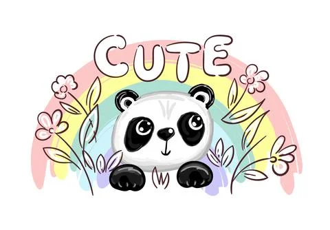 Cute Panda Bear with rainbow and hearts, vector illustration hand drawn panda Stock Illustration