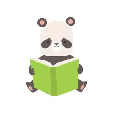 Cute Panda Bear Reading Book, Adorable Smart Animal Character Sitting with Book Stock Illustration