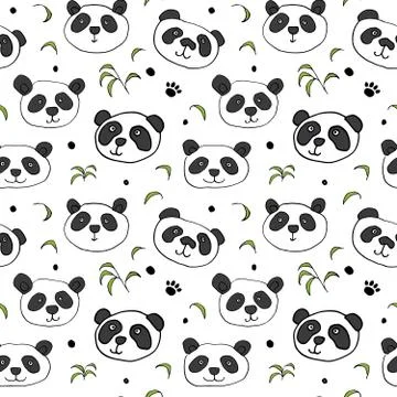 Cute Panda bear Seamless pattern. Cute Animals doodle, Hand drawn Cartoon Vec Stock Illustration