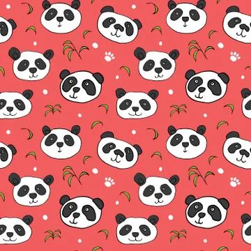 Cute Panda bear Seamless pattern. Cute Animals doodle, Hand drawn Cartoon Vec Stock Illustration