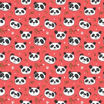 Cute Panda bear Seamless pattern. Cute Animals doodle, Hand drawn Cartoon Vec Stock Illustration