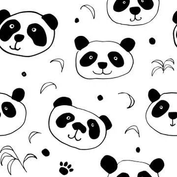 Cute Panda bear Seamless pattern. Cute Animals doodle, Hand drawn Cartoon Vec Stock Illustration