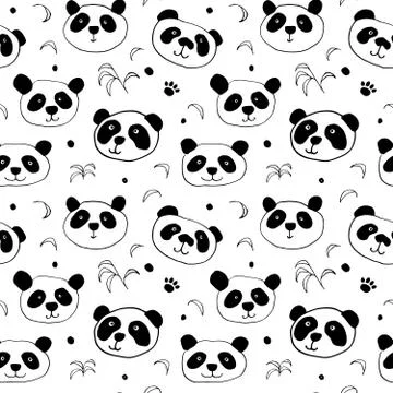 Cute Panda bear Seamless pattern. Cute Animals doodle, Hand drawn Cartoon Vec Stock Illustration