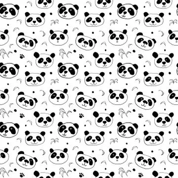 Cute Panda bear Seamless pattern. Cute Animals doodle, Hand drawn Cartoon Vec Stock Illustration