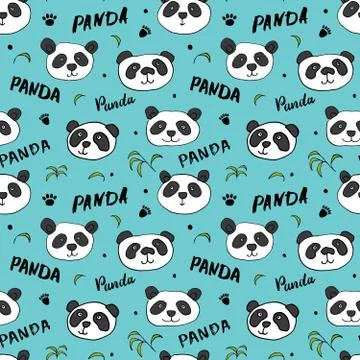 Cute Panda bear Seamless pattern. Cute Animals doodle, Hand drawn Cartoon Vec Stock Illustration