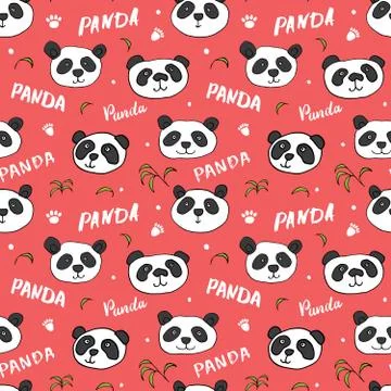 Cute Panda bear Seamless pattern. Cute Animals doodle, Hand drawn Cartoon Vec Stock Illustration