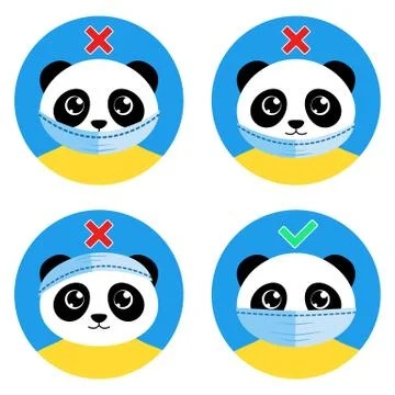 The cute panda bear shows how to wear face mask correctly. Right and wrong ways Ilustración de archivo