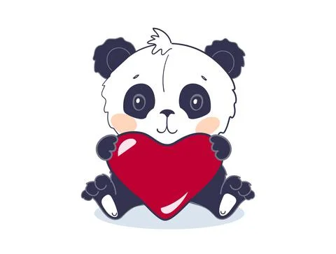 A cute panda bear sits and holds a big red heart. A cute animal or toy for Va Stock Illustration