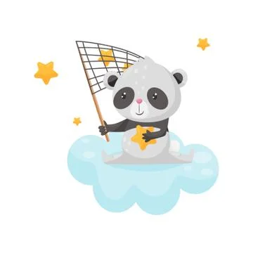 Cute panda bear sitting on a cloud with a net for catching stars, lovely animal Stock Illustration