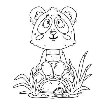 Cute panda bear sitting on the rock. Kawaii animal zoo vector. Stock Illustration