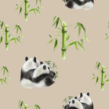 Cute Panda Bears with a Bamboo Seamless Watercolor Pattern design that captures Stock Illustration