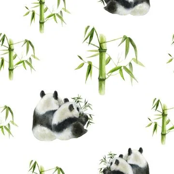 Cute Panda Bears with a Bamboo Seamless Watercolor Pattern design that captures Stock Illustration