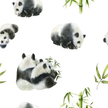 Cute Panda Bears with a Bamboo Seamless Watercolor Pattern design that captures Stock Illustration
