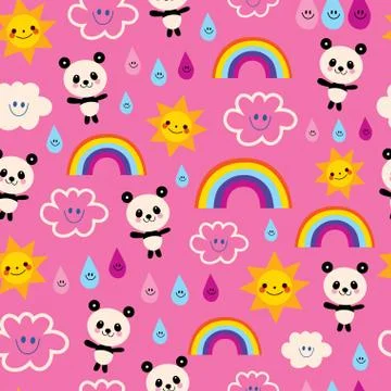 Cute panda bears rain drops rainbows and clouds seamless pattern Illustrazione stock