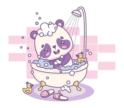 Cute Panda Cartoon Bear in Bubble Bath with Foam and Rubber Duck. Funny Kaw.. Stock Illustration