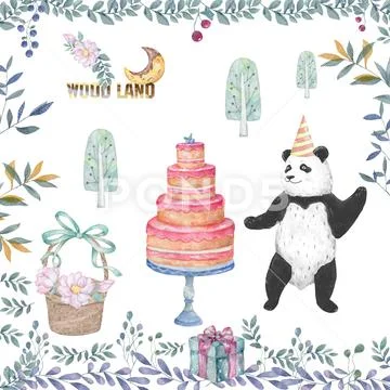 Cute panda cartoon tasty card, cake, wooden basket and floral beauty flowers Stock Illustration