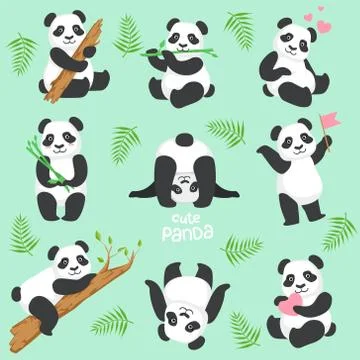 Cute Panda Character In Different Situations Set Stock Illustration