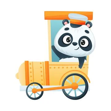 Cute Panda Character Driving Train and Waving Paw Vector Illustration Stock Illustration