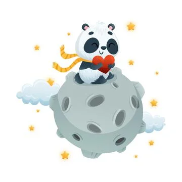 Cute Panda Character Flying on Asteroid and Holding Red Heart Vector Stock Illustration
