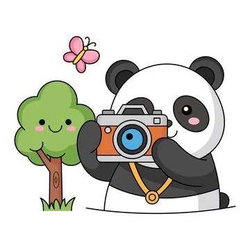 Cute Panda Character Holding Camera and Taking Picture in Nature with Smile.. Illustrazione stock