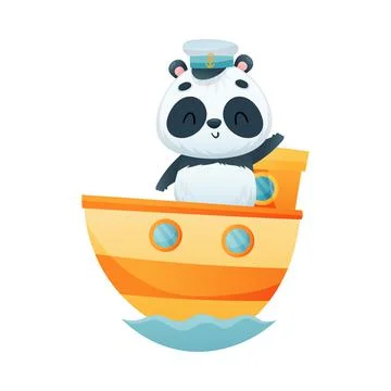 Cute Panda Character Sailing Ship and Waving Paw Vector Illustration Stock Illustration