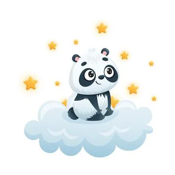 Cute Panda Character Sitting on Soft Cloud Watching Bright Star Vector Stock Illustration