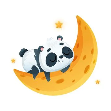 Cute Panda Character Sleeping on Crescent with Bright Star Around Vector Stock Illustration