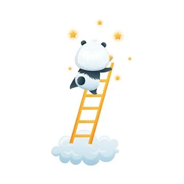 Cute Panda Character on Soft Cloud Climbing Ladder to Bright Star Vector Stock Illustration