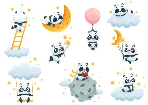 Cute Panda Character on Soft Clouds Enjoying Bright Star Vector Set Stock Illustration
