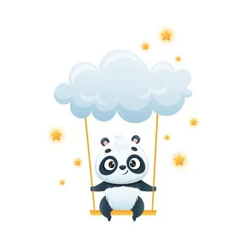 Cute Panda Character on Swing Attached to Soft Cloud with Bright Star Around Stock Illustration
