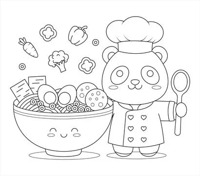 Cute Panda Chef Cooking Ramen Noodles Outline Coloring Page For Kids Vector Stock Illustration