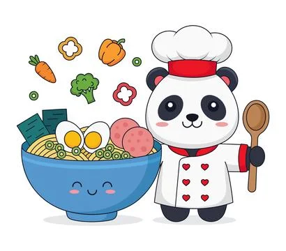 Cute panda chef holding a spoon with a delicious ramen bowl, vegetables, an.. Stock Illustration