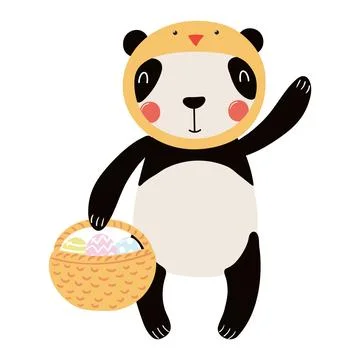 Cute panda in chick hat, holding Easter eggs in basket character illustration Stock Illustration