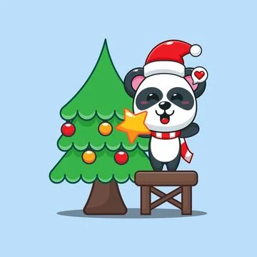 Cute panda decorating the Christmas tree on Christmas day. Stock Illustration