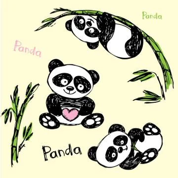 Cute Panda in different poses, hand drawing Stock Illustration