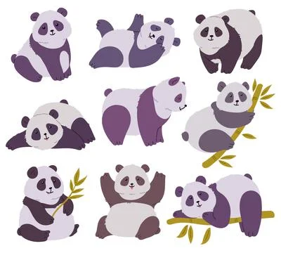 Cute panda in different poses, standing on paws, lying, crawling on bamboo tree Ilustración de archivo