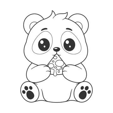 Cute panda eating a small piece of pizza for coloring Stock Illustration